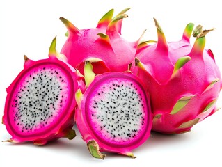 Fresh Dragon Fruit Pile with Cut Pieces on White Background
