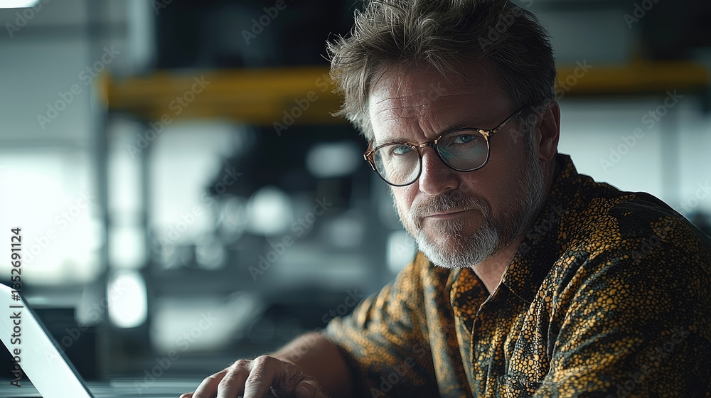 Poster Mature businessman using laptop in a factory. Works in modern enterprise environment. Man checking info.