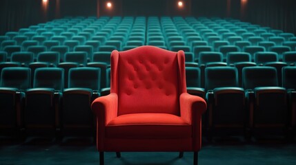Obraz premium A vibrant red armchair in the center of an empty theater with teal seats.