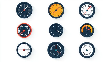 a modern minimalist grid of nine unique clock designs showcasing diverse styles and time telling mechanisms