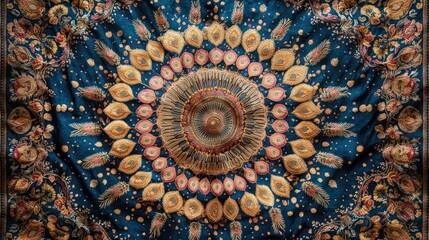 Intricate Mandala Tapestry: A Symphony of Gold and Blue