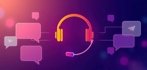 Headset icon encircled by chat bubbles, representing customer support, headphones, desk