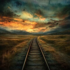 Obraz premium Vibrant sunset casts dramatic colors over winding railway tracks in a vast landscape