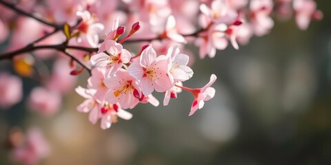 Obraz premium Delicate pink sakura blossoms on a branch, soft spring light, blossom, springtime