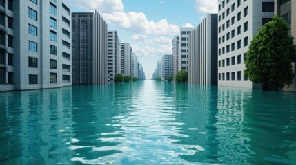 Obraz premium A serene urban scene depicting tall buildings partially submerged in water under a clear sky, creating a surreal landscape.