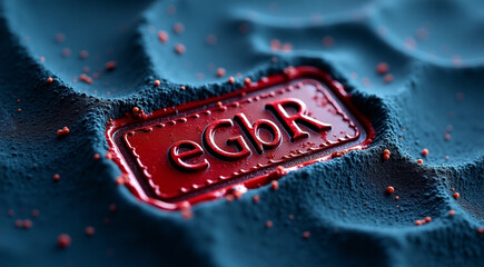 A red rubber stamp is pressed onto a dark surface, uncovering the bold red letters “eGbR” beneath a layer of fine black powder. The textured particles scattered around the imprint add a sense of depth