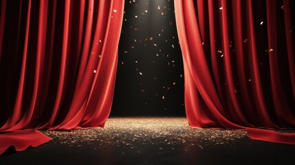A dramatic view of red curtains parting to reveal a spotlighted stage with golden confetti.