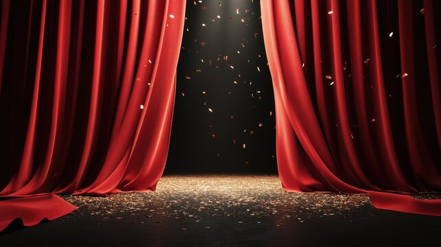 A dramatic view of red curtains parting to reveal a spotlighted stage with golden confetti.