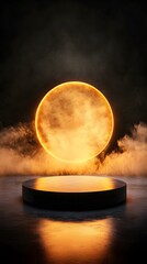 A podium on a reflective black floor, surrounded by subtle fog and moody golden lighting