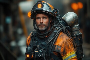Firefighter in protective gear stands confidently amidst smoky backdrop during a rescue operation in an urban area