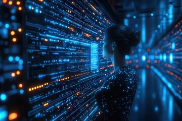 Woman interacting with glowing digital data in a futuristic environment at night