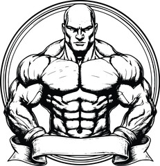 Fototapeta premium Black and White Artistic Illustration of a Bald Muscular Bodybuilder with Banner Space for Gym and Athletic Product Text