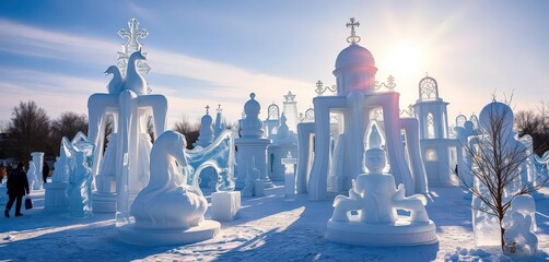 Intricate ice sculptures gleam under winter sun, Harbin, ice,  celebration