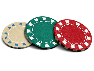 A highly detailed stack of casino chips in red, blue, and green, featuring intricate edge patterns, isolated on a transparent background.