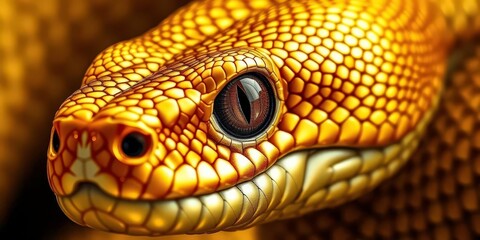 Obraz premium Intricate scales gleam on a golden snake's head, eyes intense, golden, exotic