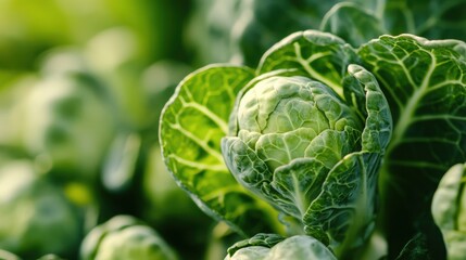 Fototapeta premium A Close Up Shot Depicts a Growing Brussels Sprout Plant