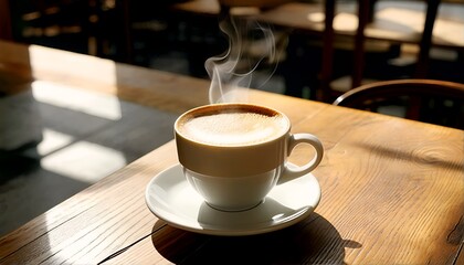 Fototapeta premium a steaming cup of coffee on a wooden table in a dimly lit room.