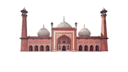 The Iconic Red Sandstone and Marble Architecture of the Majestic Jama Masjid, Isolated on a White Background.