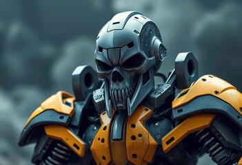 Fototapeta premium Iron skull-headed robot in gray-yellow armor stands imposingly, destruction, robot