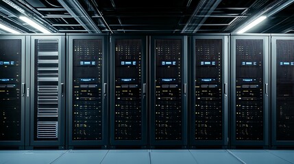 Dark rows of server racks illuminate a data center interior