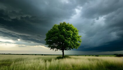 A lone tree stands tall amidst a vast field of wild grass under a stormy sky.