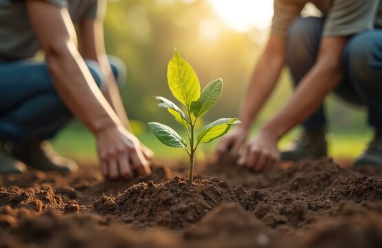 People plant tree sapling in soil. Hands take care young green plant in garden. Volunteerism, eco-friendly, eco-conscious, environment protection. New life, growth, sustainable living concept.