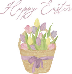 Postcard, greeting card, Vector, Watercolor, Happy Easter, basket with tulips, for Printable Cards, invitations 