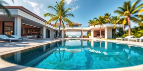Luxury villa with private pool, palm tree, blurred background,  stylish, scenic