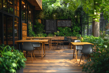 Fototapeta premium Modern, beautiful terrace of a beautiful restaurant. Veranda with small tables and chairs. The restaurant has decorative elements.
