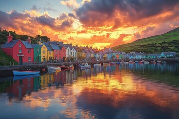 Fototapeta premium Vibrant Sunset Over Dunlewis, Ireland, with Colorful Clouds, Charming Architecture & Harbor Boats