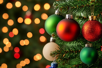 Fototapeta premium A Studio Photograph Featuring a Magnificent and Colorfully Adorned Christmas Tree Full of Vibrant Ornaments, Sparkling Lights, and Festive Decor Against a Cozy Background