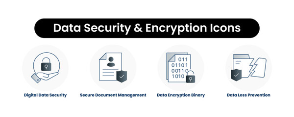 Data Security & Encryption Icons. Digital Data Security, Data Encryption Binary, Secure Document Management, Data Loss Prevention.