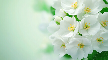 Obraz premium A Lush and Vibrant Close-Up Photograph Showcasing Delicate White Flowers Nestled Among Lush Green Leaves Against a Rich Green Background
