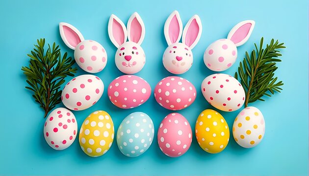 Colored Eggs and Bunny Heads on Blue Background.