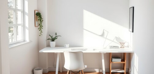 Minimalist white desk in a sunlit cozy corner, home office, aesthetic