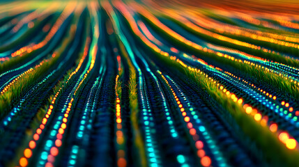 Abstract futuristic glowing data streams in a digital cyber landscape