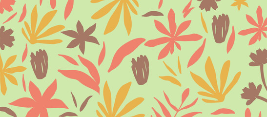 Cute botanical shapes pattern, random cutouts of tropical leaves and flowers, decorative abstract art vector illustration