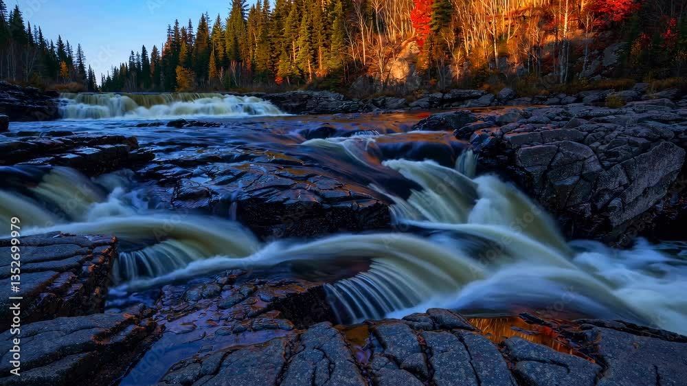 Poster serene waterfall cascading over rocks with autumn trees in the background, nature beauty