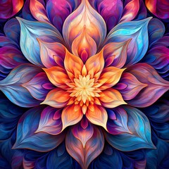 Abstract flower, vibrant layered petals, kaleidoscope of colors, symmetrical design, AI Generated