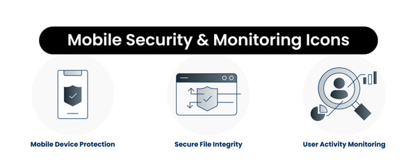 Mobile Security & Monitoring Icons. Mobile Device Protection, Secure File Integrity, User Activity Monitoring.