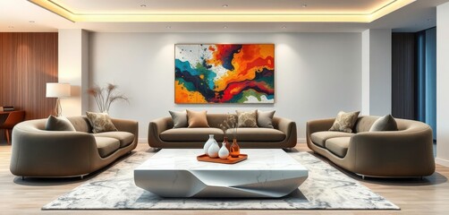 Modern living room, sculptural sofa & coffee table, abstract art, form,  geometric