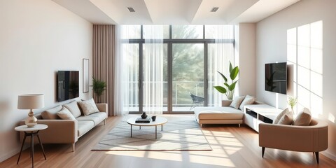 Modern minimalist apartment with sleek furniture and natural light, modern living, wall
