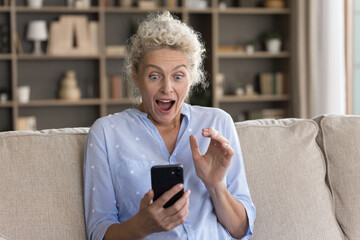 Caught by surprise. Shocked thrilled senior woman sit on couch look on cellphone screen with wide...