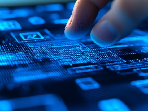 A finger touching the screen showing technological data graphics - Powered by Adobe
