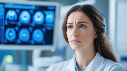 Thoughtful Female Doctor Evaluating Medical Images in Modern Clinical Environment