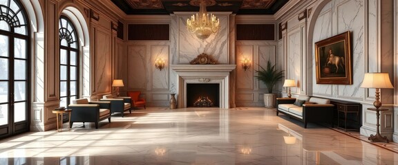Opulent living room; marble fireplace, polished floors, plush seating, elegant, interior design