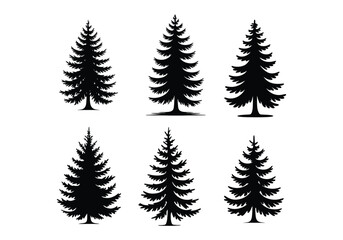 Fototapeta premium Set of pine tree silhouette vectors in different styles for nature, forest, and outdoor designs