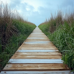 Fototapeta premium A weathered wooden boardwalk extending into a serene natural landscape, framed by tall grasses swaying gently in the breeze.