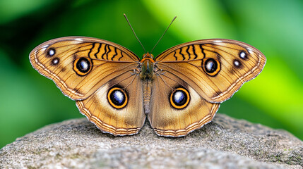 A breathtaking high-resolution close-up photograph capturing a vibrant butterfly delicately perched on a rugged rock, surrounded by lush green leaves in a tranquil natural setting.