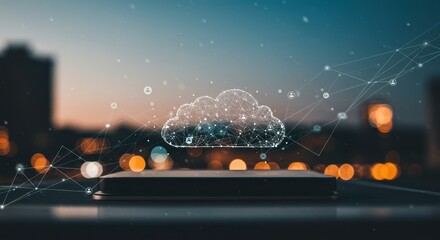 Digital cloud on platform with network connection, technology, information and futuristic innovation, for advertising, website, banner or news